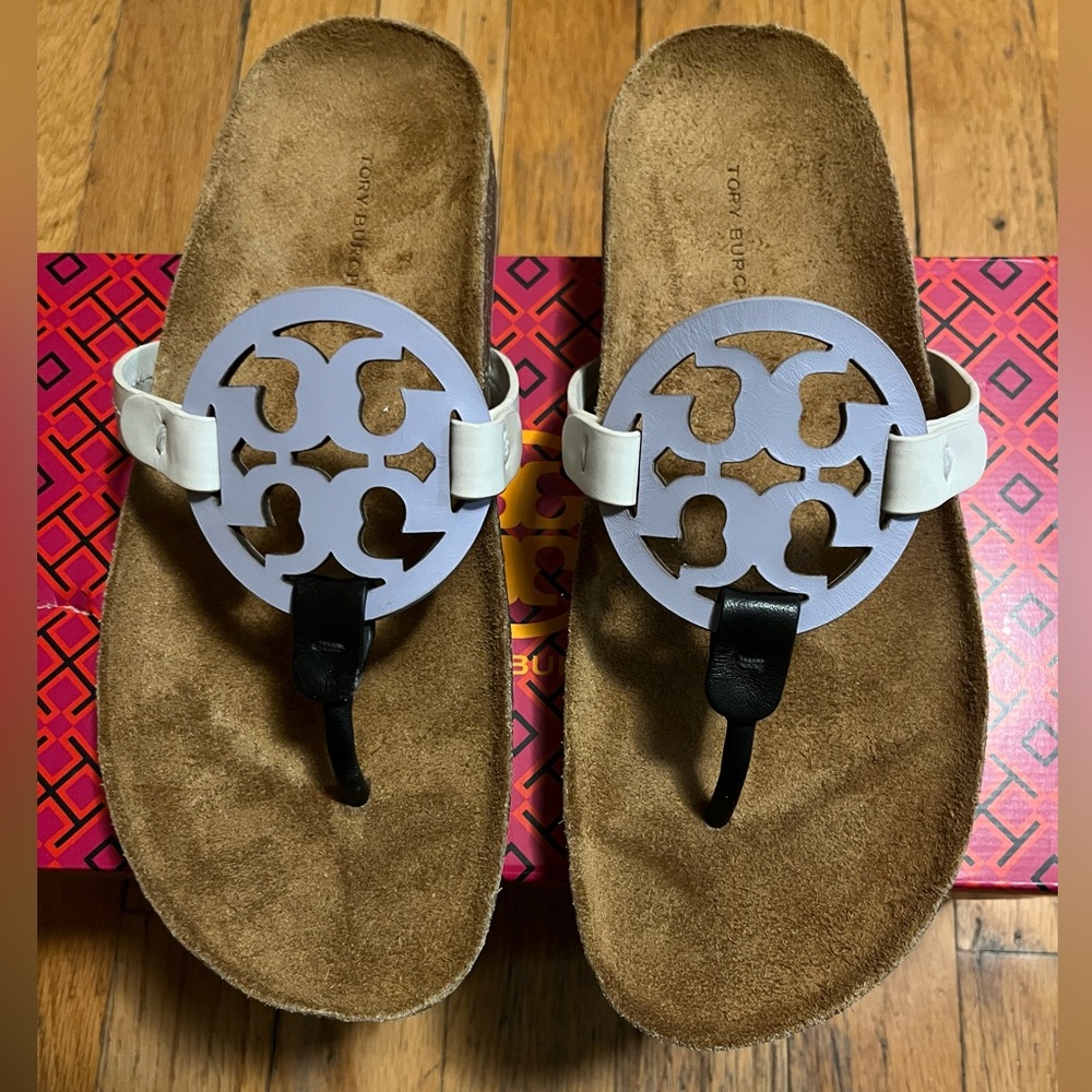 Tory Burch - leather - black, lavender, cork. Thong sandals.